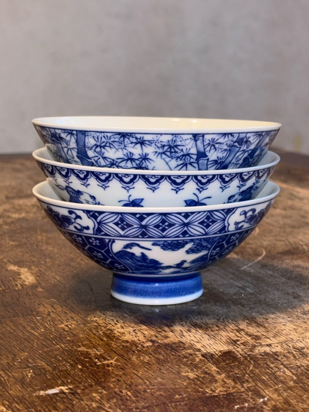 Set of 3 Vintage Japanese White And Blue Porcelain Rice Bowls Bamboo hirado Boys